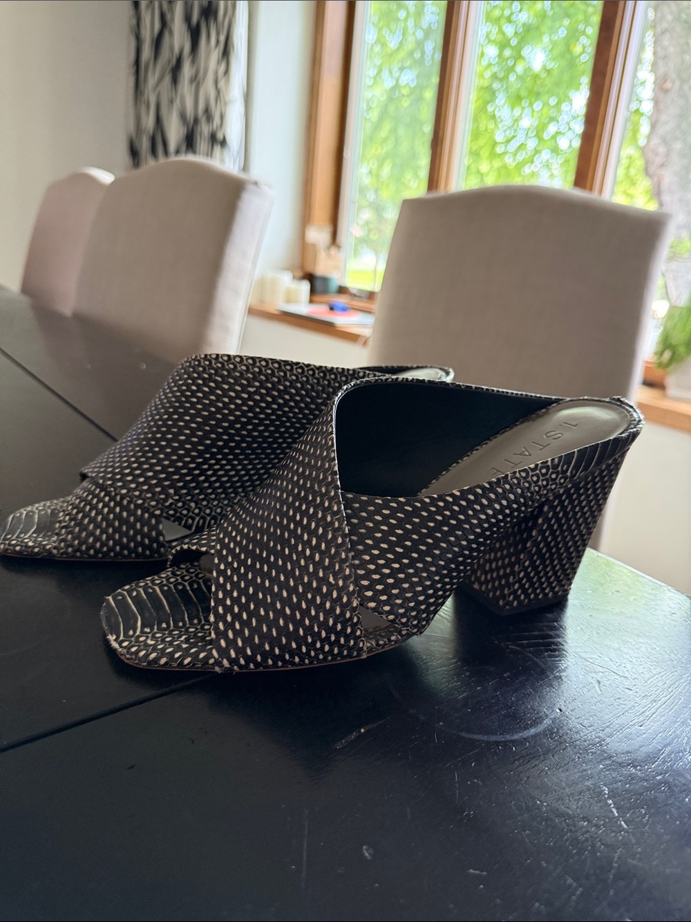 Black and White Block Heel Mules